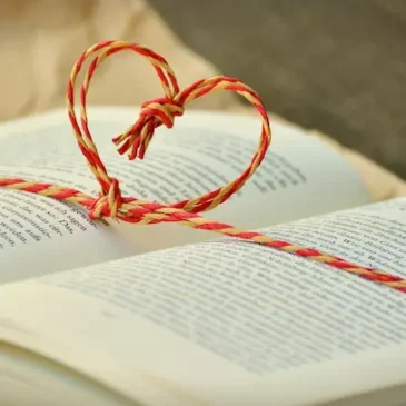 Photo d'un livre avec un lien cadeau en forme de coeur.