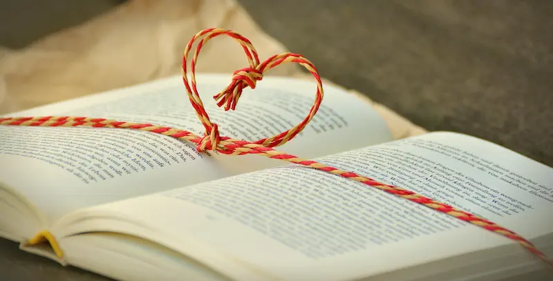 Photo d'un livre avec un lien cadeau en forme de coeur.
